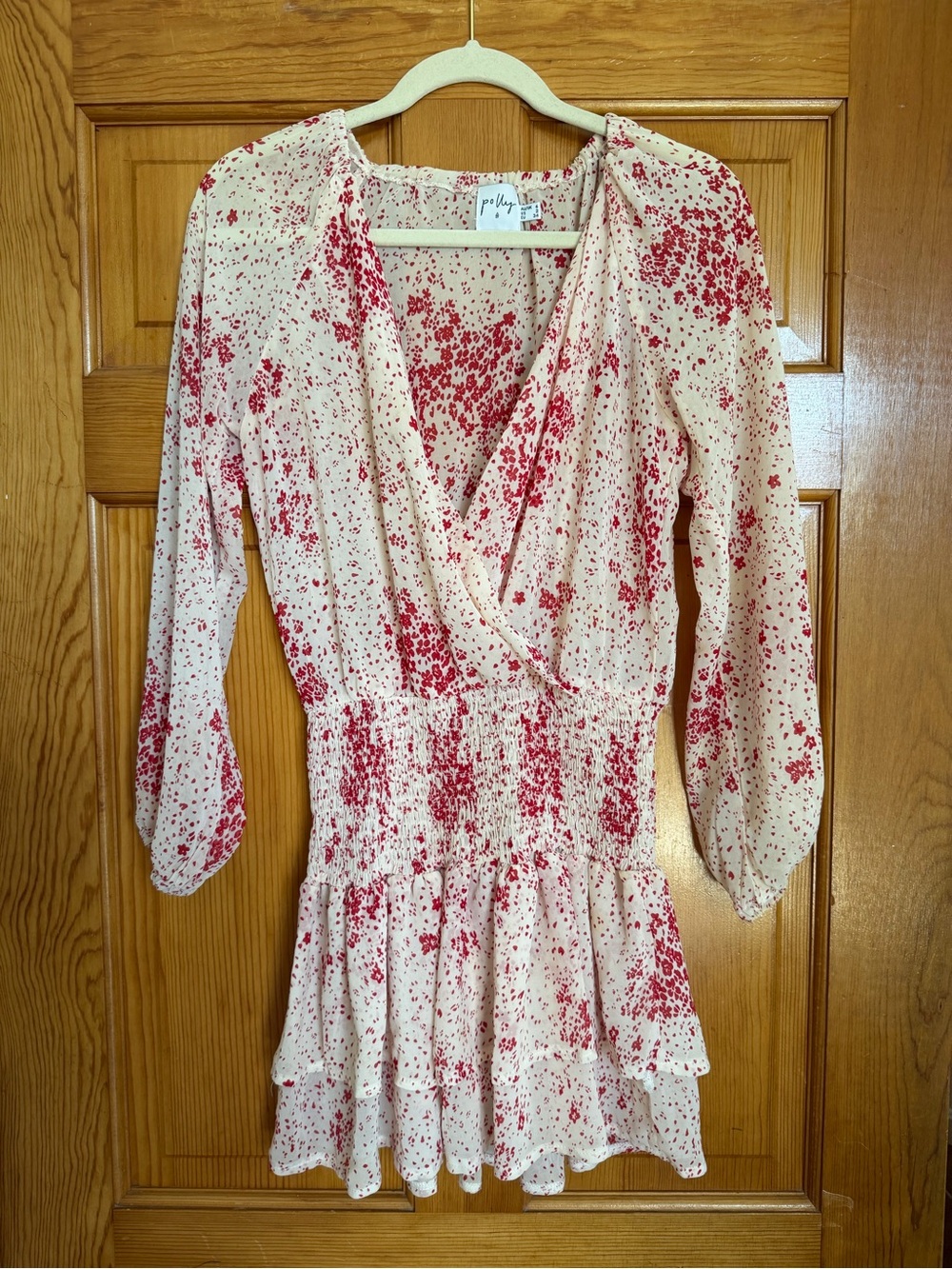 Princess Polly Red Floral Mini Dress Cream Smocked Puff Sleeve - Size XS/US 2